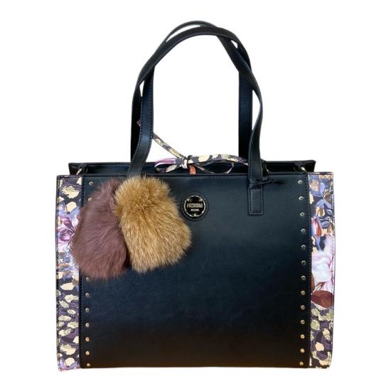 Immagine di PASH BAG Borsa donna shopper da spalla con tracolla applicabile Nero/fiori KYRA